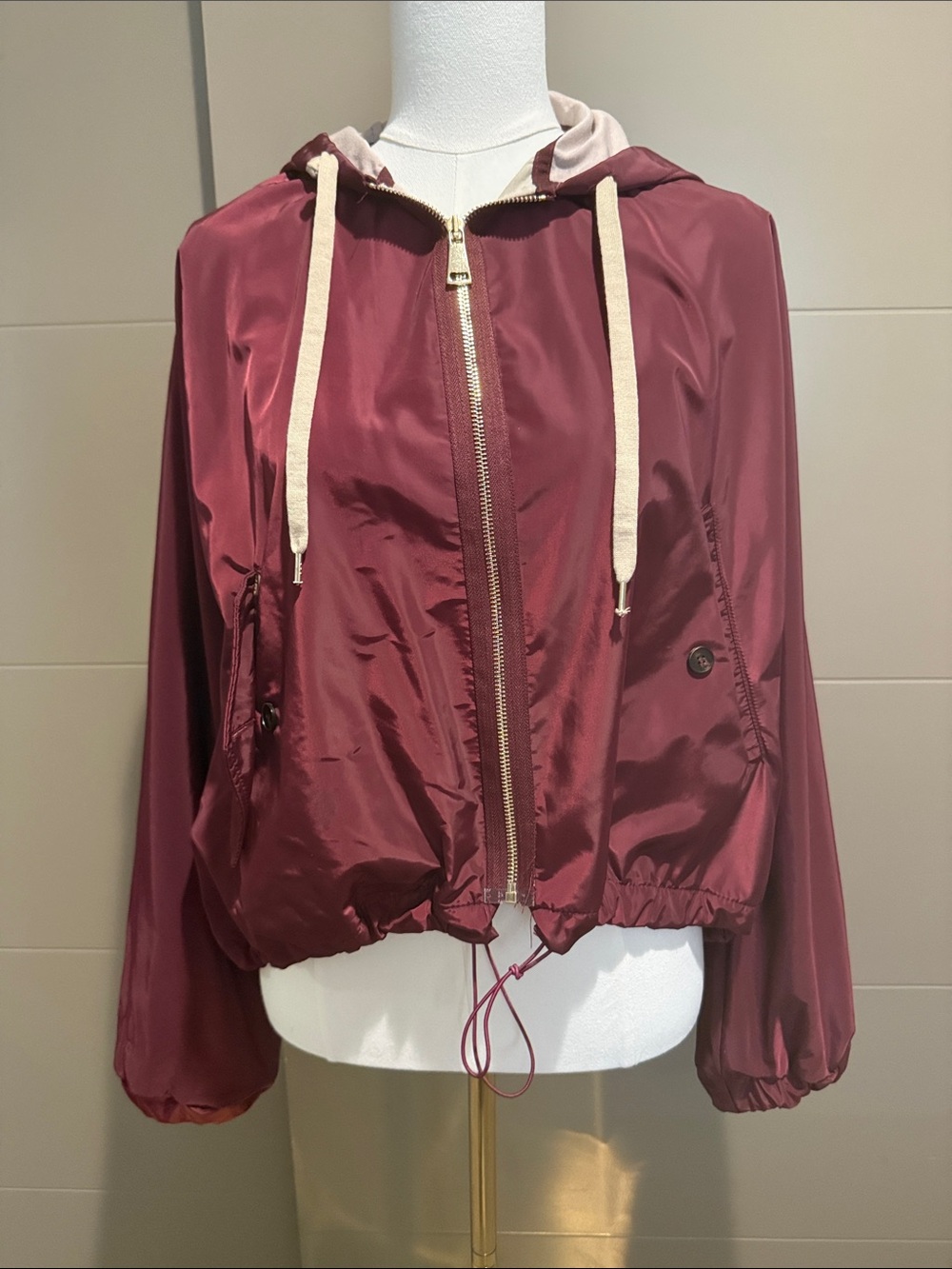 Women's Burgundy Hooded Bomber Jacket with Contrast Drawstrings